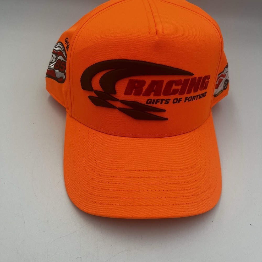Racing Gifts of Fortune Trucker Cap Hat Snapback Orange Helmet Patch NEW